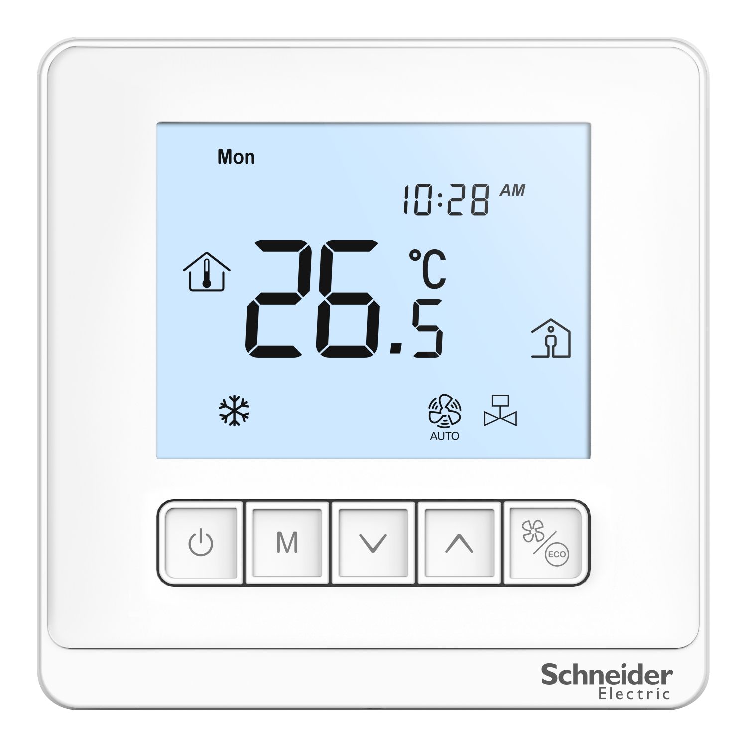 Picture of Thermostat, Spacelogic, fan coil on/off, standalone, LCD 5 Button, 2P, 3 fan, 240V, white