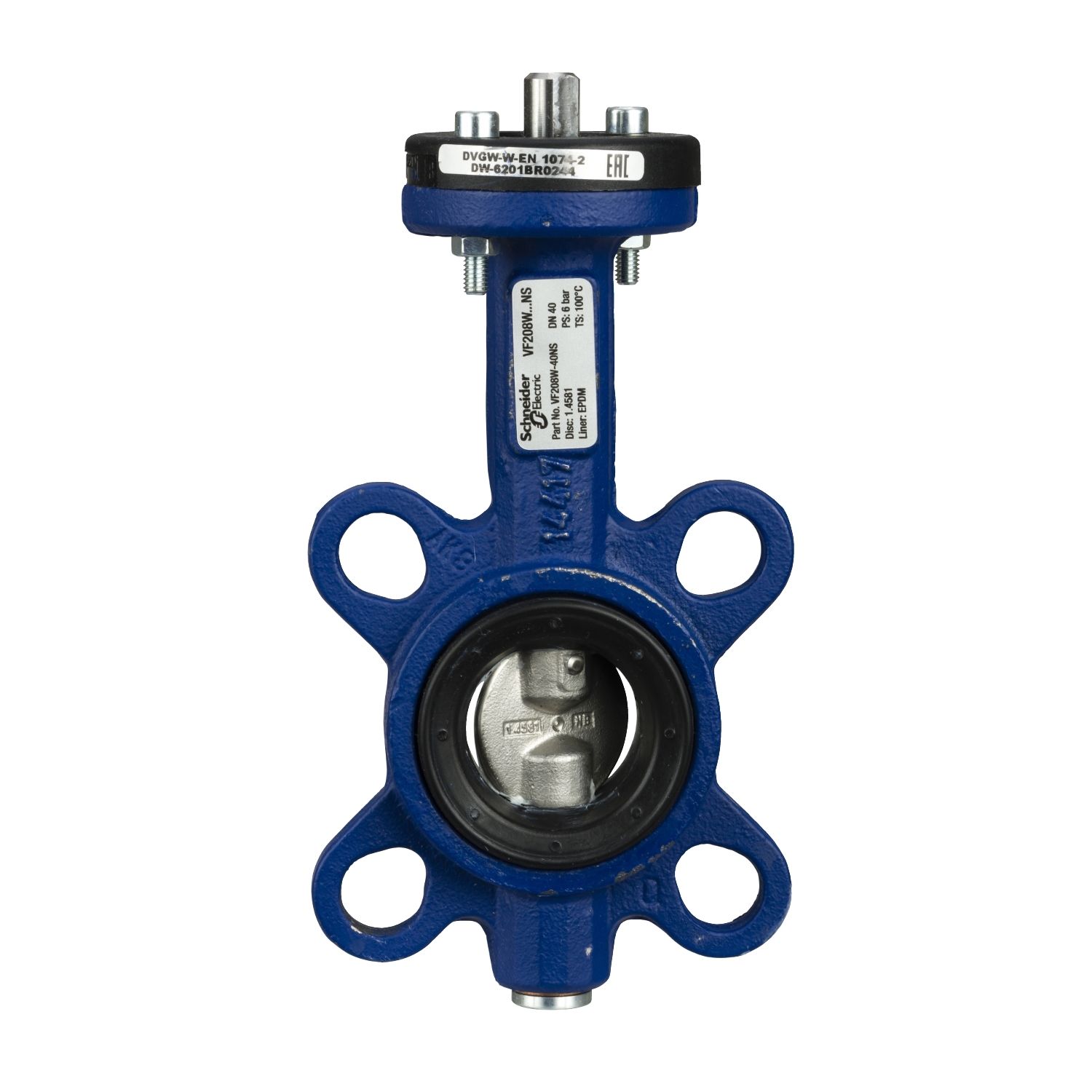 Picture of VF208W Butterfly Valve, 2-Way, DN40, Wafer Flanged, 316 Stainless Steel Disc, EPDM Liner, Kvs 50 mÂ³/h, Max âˆ†P 600 kPa.