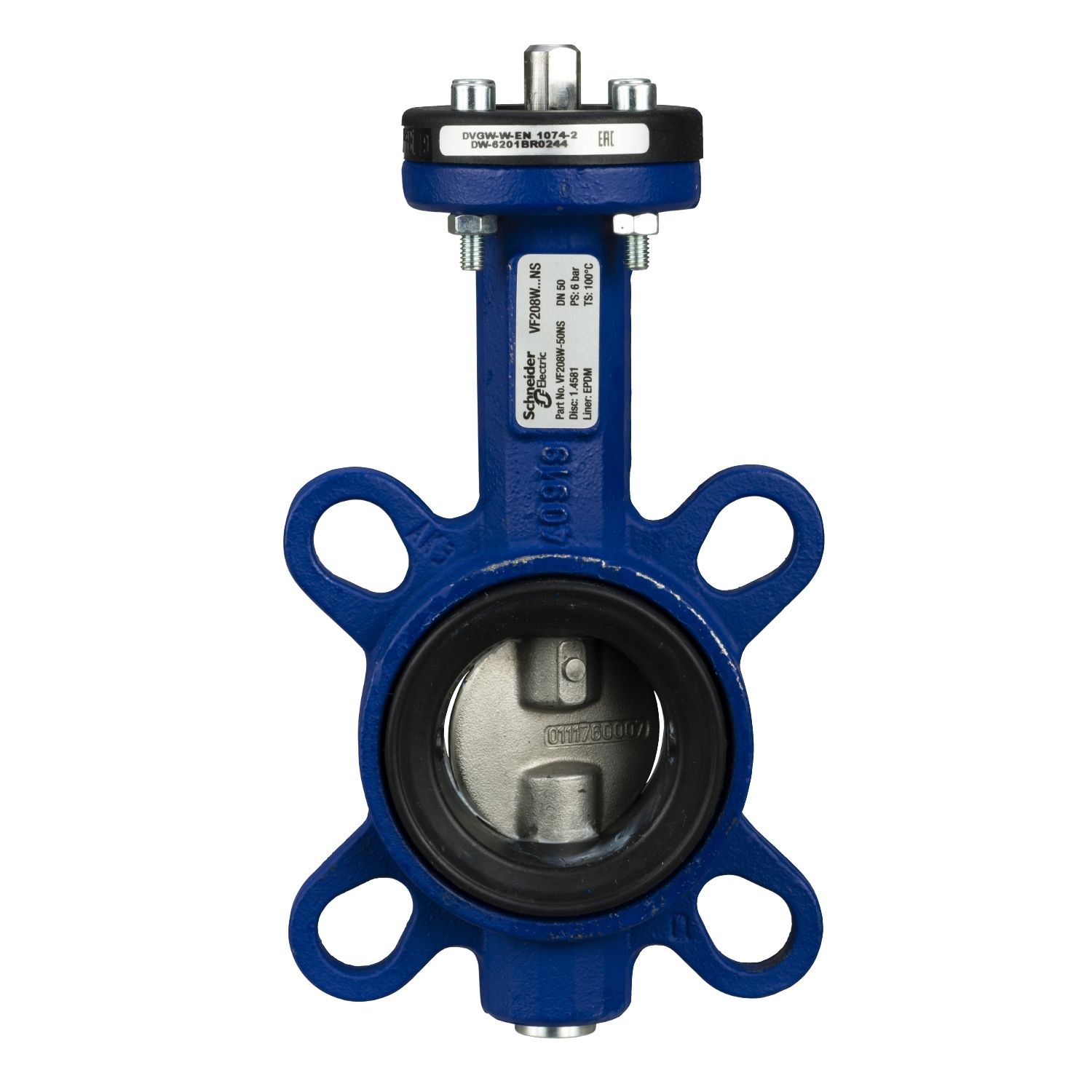Picture of VF208W Butterfly Valve, 2-Way, DN50, Wafer Flanged, 316 Stainless Steel Disc, EPDM Liner, Kvs 115 mÂ³/h, Max âˆ†P 600 kPa.