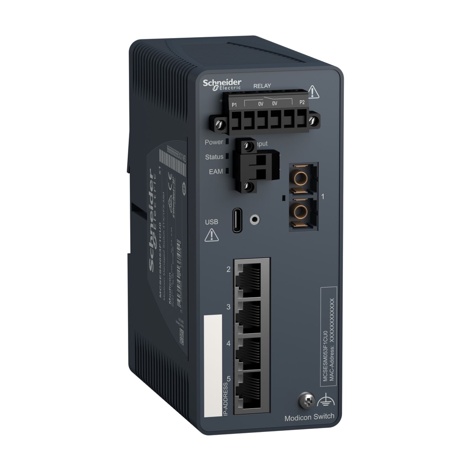 Picture of network switch, Modicon Networking, managed, 4 ports for copper with 1 port for fiber optic, multimode