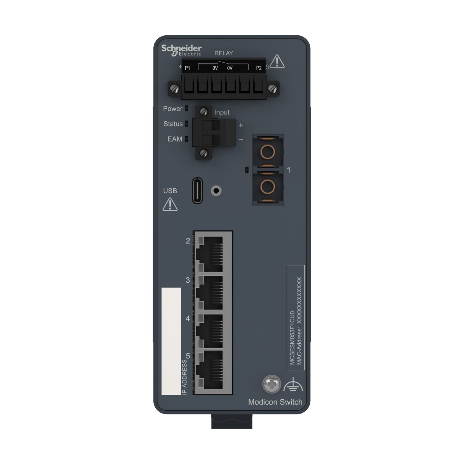 Picture of network switch, Modicon Networking, managed, 4 ports for copper with 1 port for fiber optic, multimode