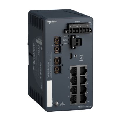 Picture of network switch, Modicon Networking, managed, 8 ports for copper with 2 ports for fiber optic, multimode, harsh
