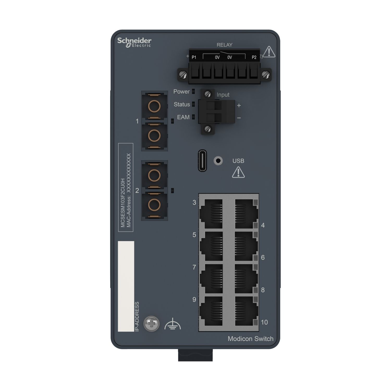 Picture of network switch, Modicon Networking, managed, 8 ports for copper with 2 ports for fiber optic, multimode, harsh