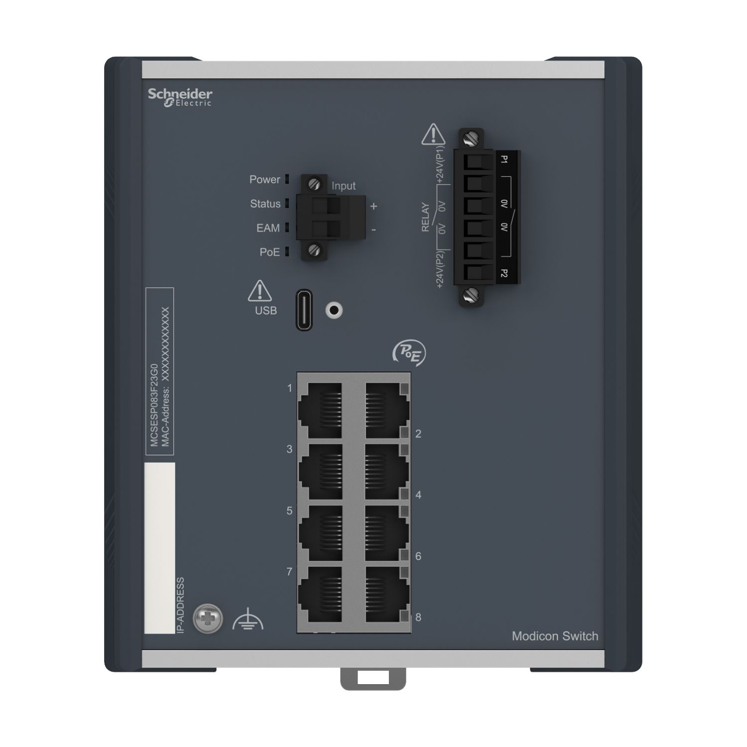 Picture of network switch, Modicon Networking, PoE power over Ethernet, managed, 8Gigabit ports for copper