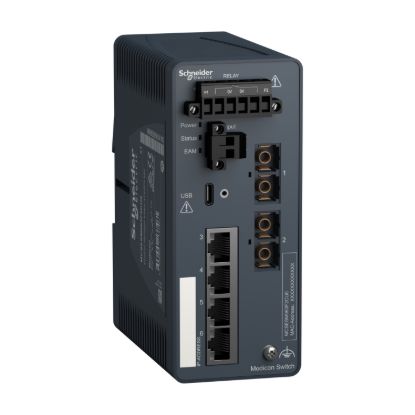 Picture of network switch, Modicon Networking, managed, 4 ports for copper with 2 port for fiber optic, multimode