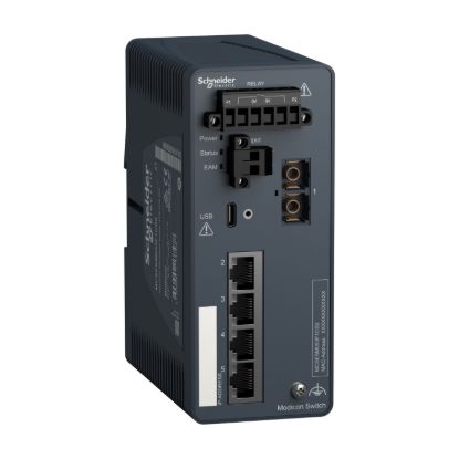 Picture of network switch, Modicon Networking, managed, 4 ports for copper with 1 port for fiber optic, singlemode