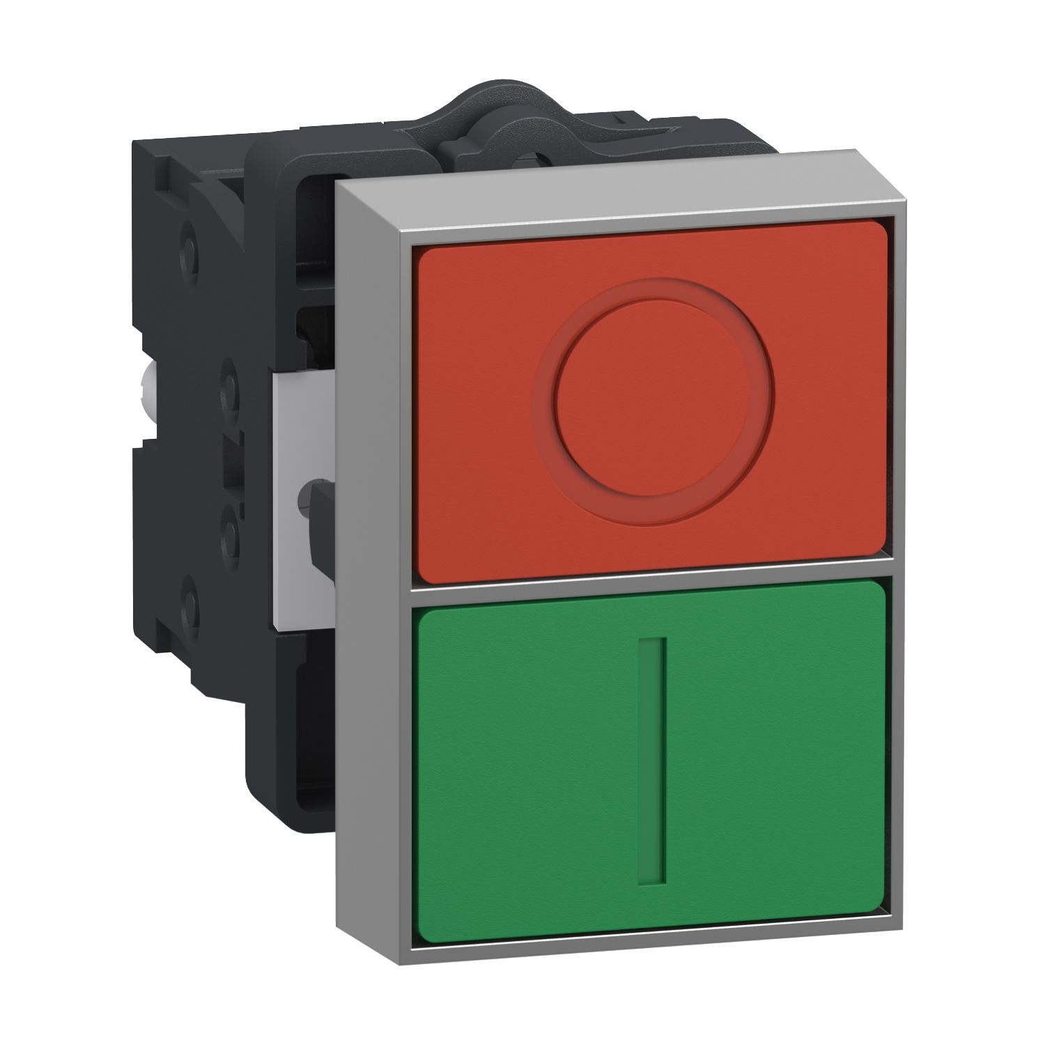 Picture of Double headed push button, Easy Harmony XA2, plastic, 22mm, 1 green flush marked I + 1 red flush marked O, 1NO + 1NC