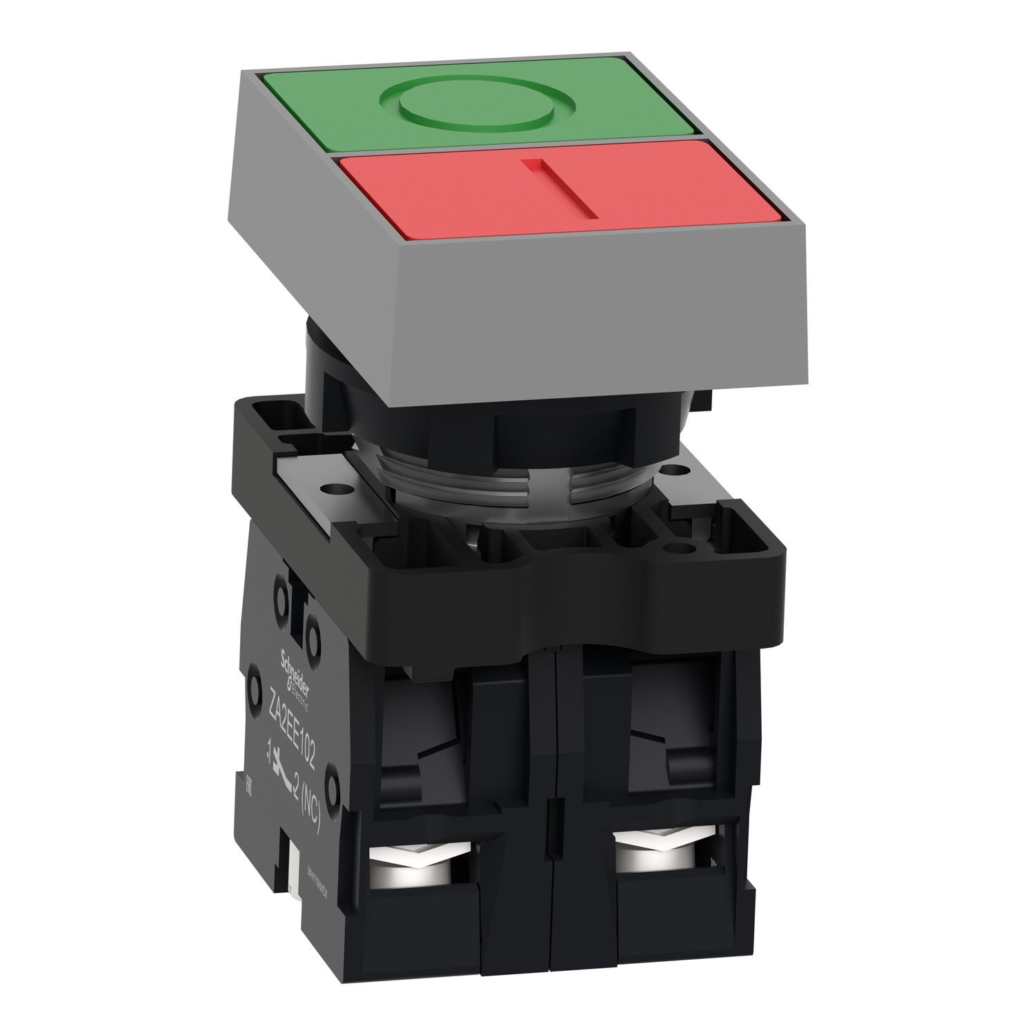 Picture of Double headed push button, Easy Harmony XA2, plastic, 22mm, 1 green flush marked I + 1 red flush marked O, 1NO + 1NC