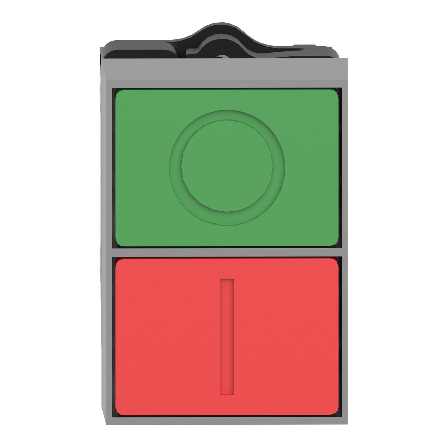 Picture of Double headed push button, Easy Harmony XA2, plastic, 22mm, 1 green flush marked I + 1 red flush marked O, 1NO + 1NC