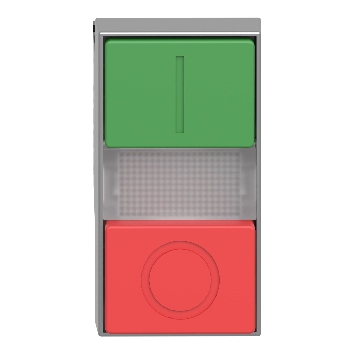 Picture of Illuminated double headed push button, Easy Harmony XA2, plastic, 22mm, 1 green flush I + 1 light + 1 red flush O, 24V AC DC, 1NO + 1NC