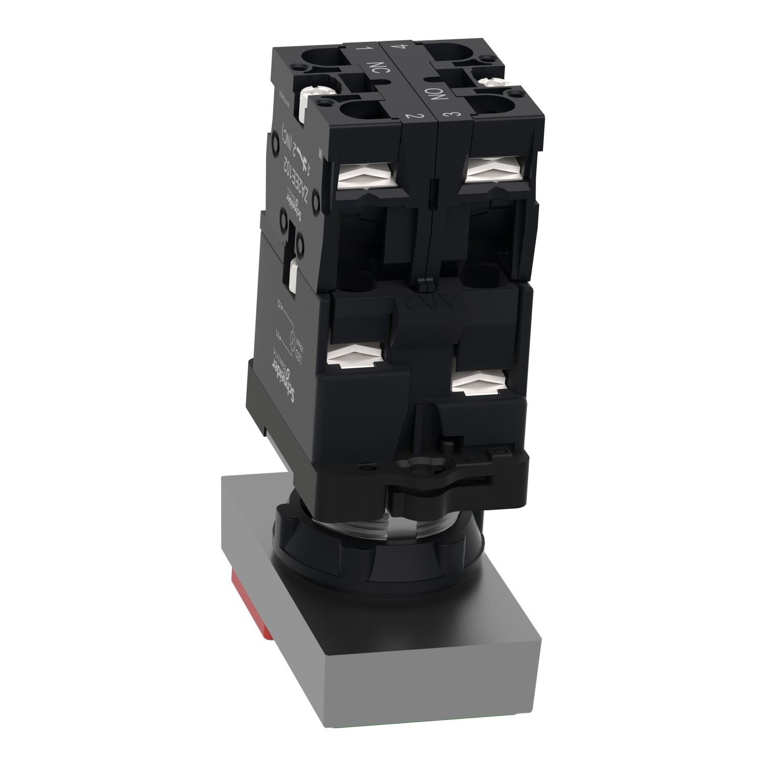 Picture of Illuminated double headed push button, Easy Harmony XA2, plastic, 22mm, 1 green flush I + 1 light + 1 red flush O, 24V AC DC, 1NO + 1NC