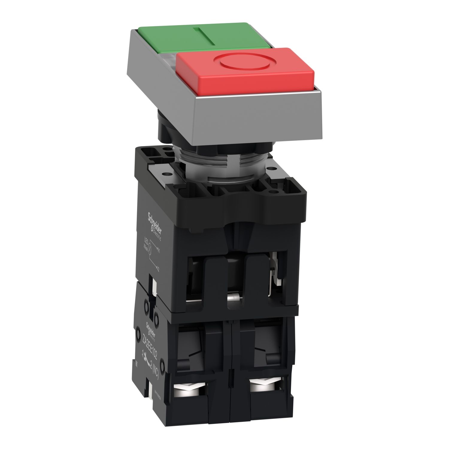 Picture of Illuminated double headed push button, Easy Harmony XA2, plastic, 22mm, 1 green flush I + 1 light + 1 red flush O, 220…230V AC, 1NO + 1NC