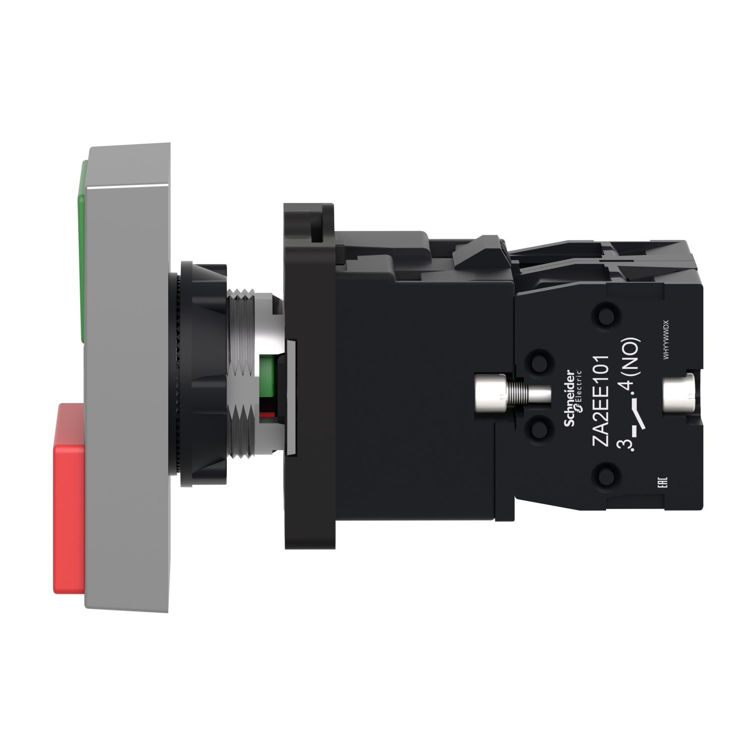 Picture of Illuminated double headed push button, Easy Harmony XA2, plastic, 22mm, 1 green flush I + 1 light + 1 red flush O, 220…230V AC, 1NO + 1NC