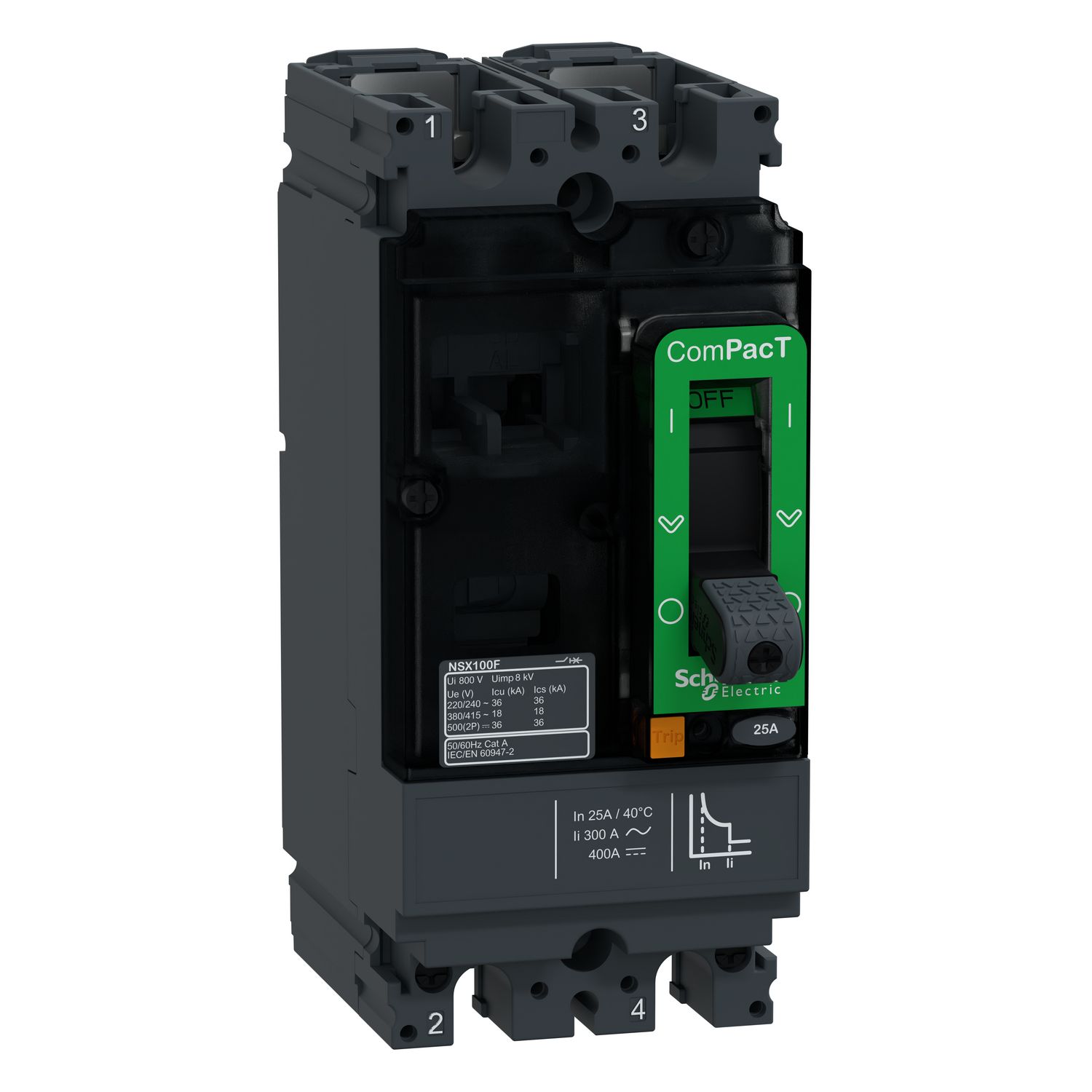 Picture of Circuit breaker, ComPacT NSX100F AC/DC, 18kA/415VAC, 2 poles, TMD trip unit 25A