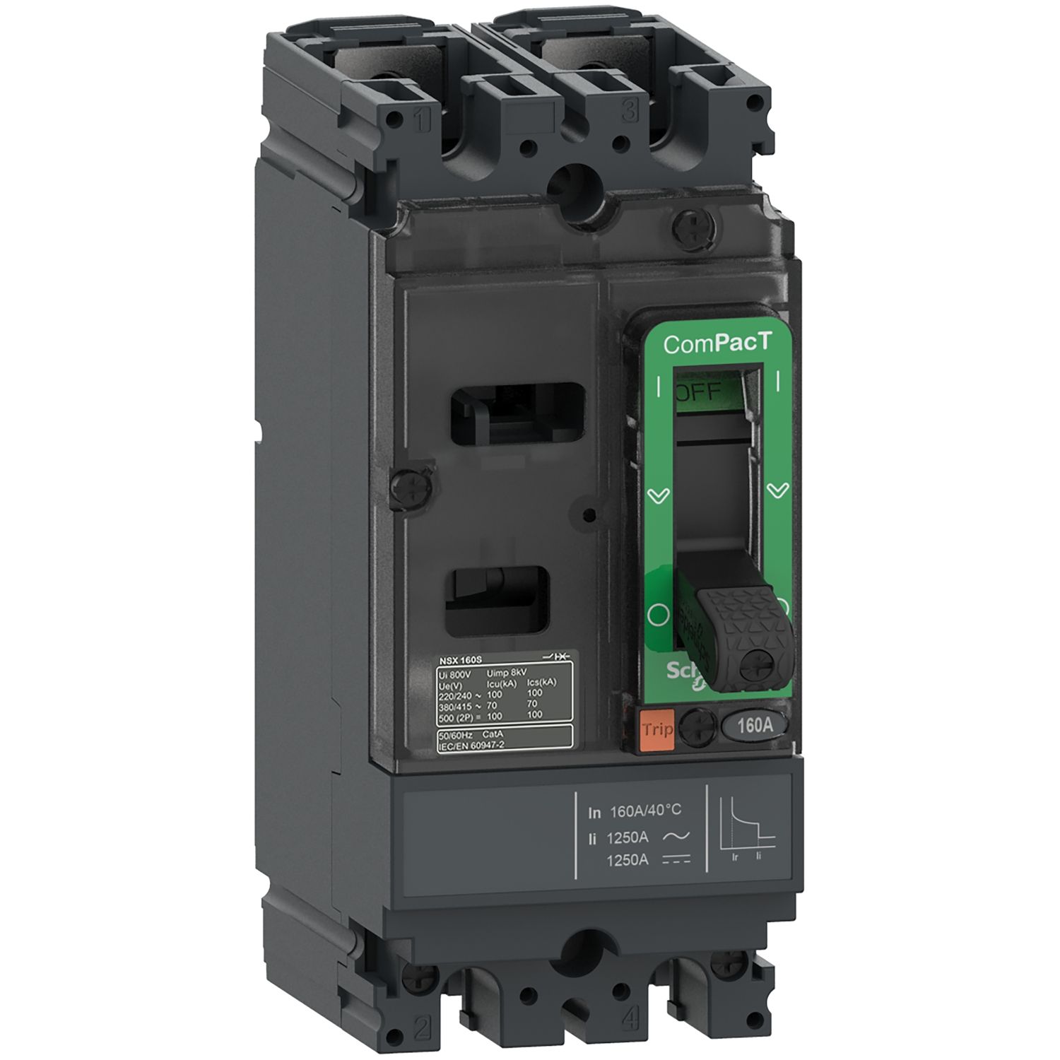 Picture of Circuit breaker, ComPacT NSX100F AC/DC, 18kA/415VAC, 2 poles, TMD trip unit 80A