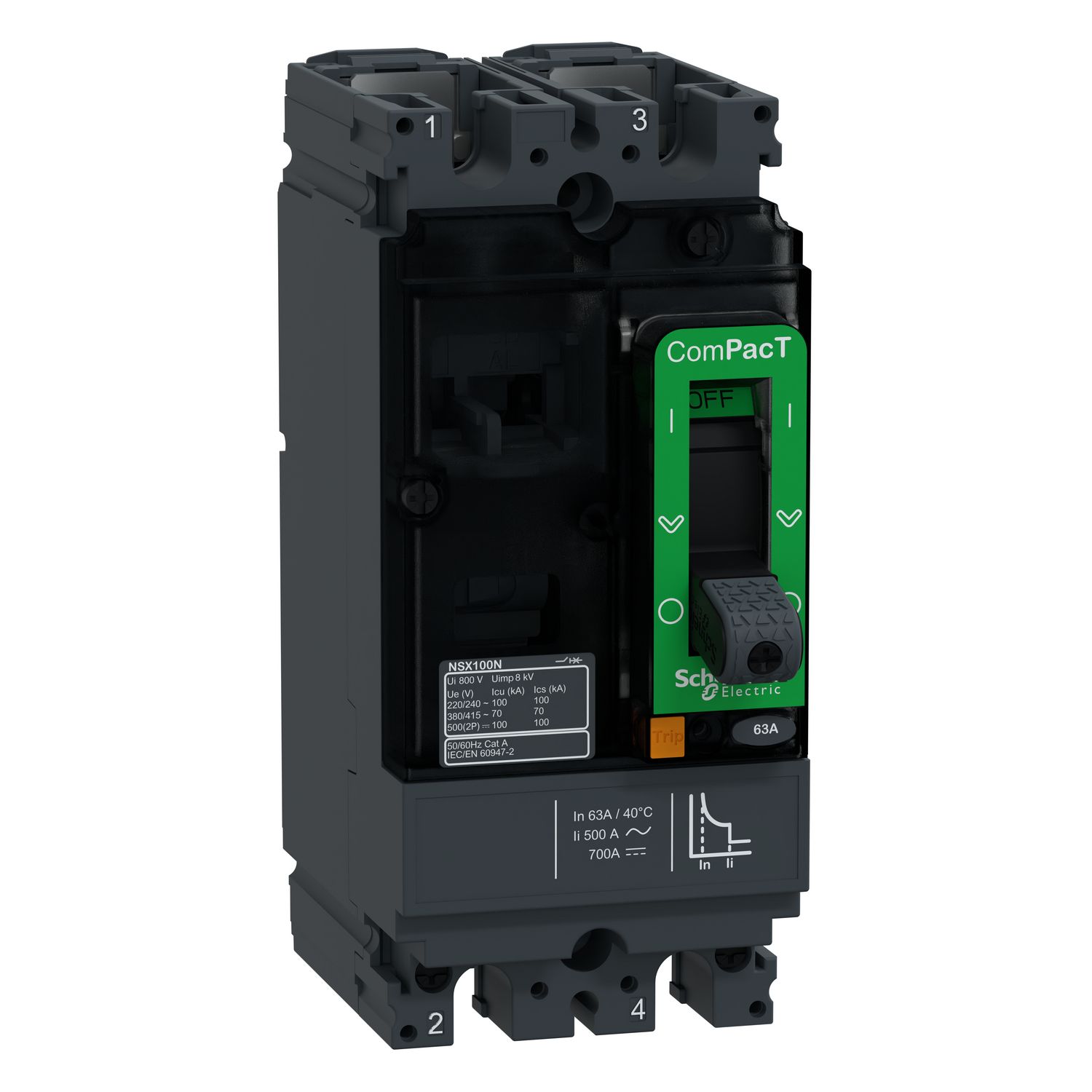 Picture of Circuit breaker, ComPacT NSX100S AC/DC, 70kA/415VAC, 2 poles, TMD trip unit 63A