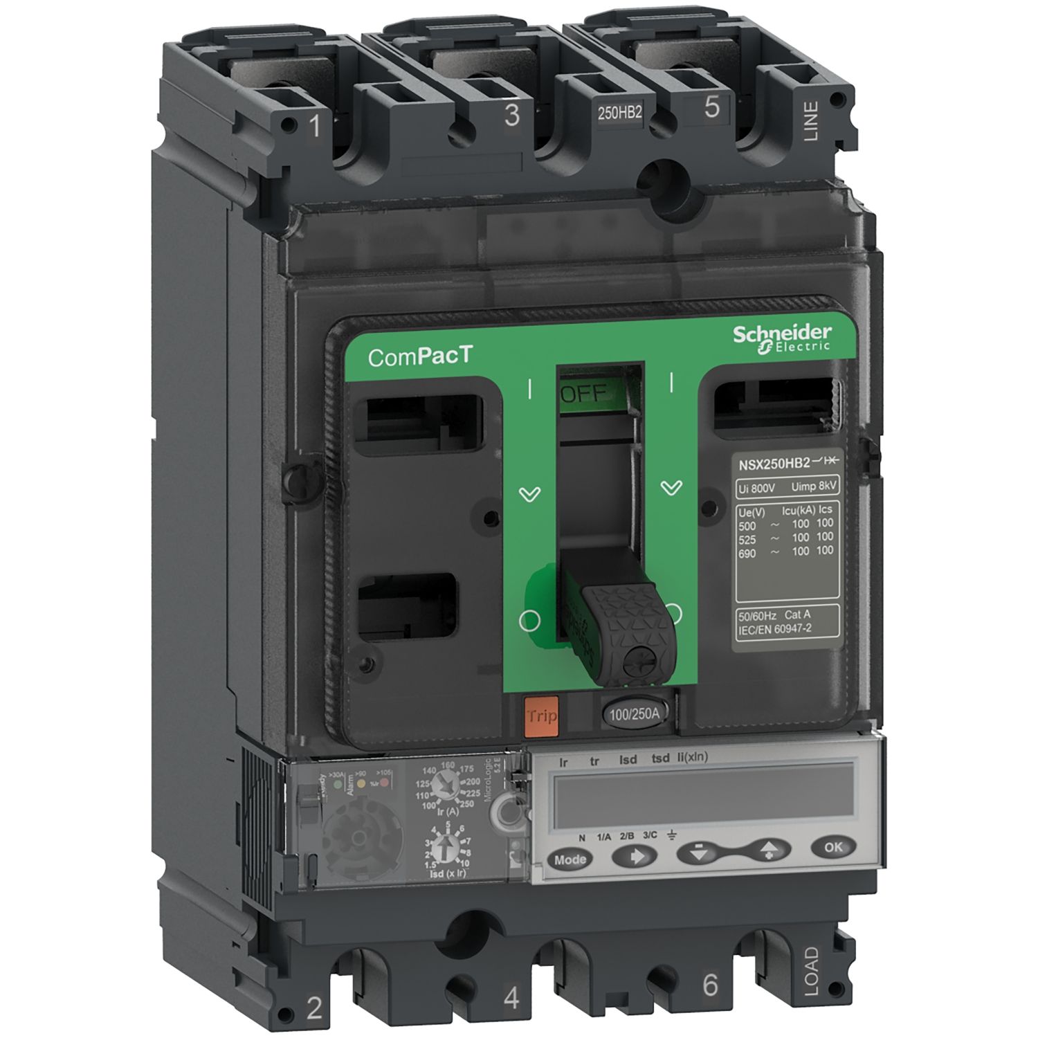 Picture of Circuit breaker, ComPacT NSX250HB1, 75kA/690VAC, 3 poles, MicroLogic 5.2E trip unit 250A