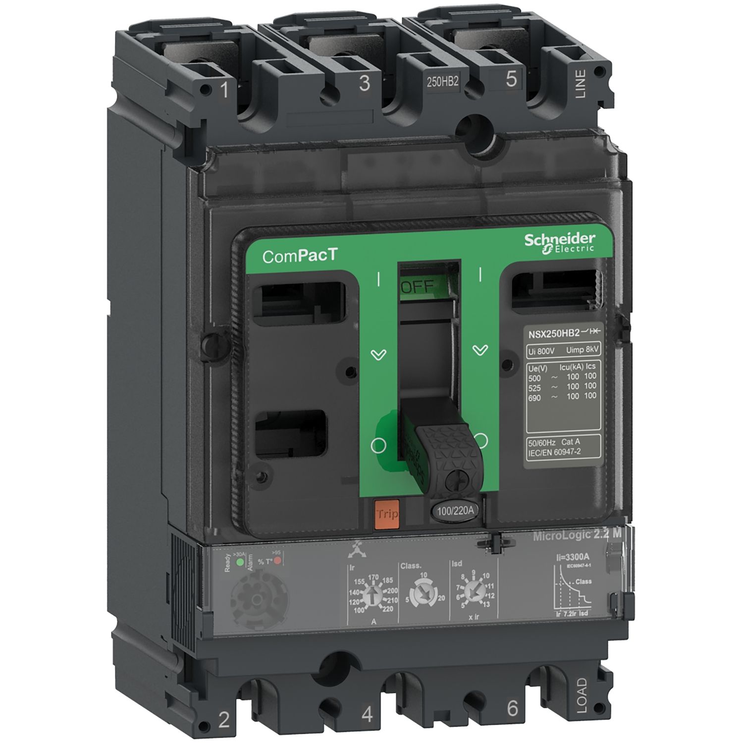 Picture of Circuit breaker, ComPacT NSX250HB1, 75kA/690VAC, 3 poles, MicroLogic 2.2M trip unit 220A