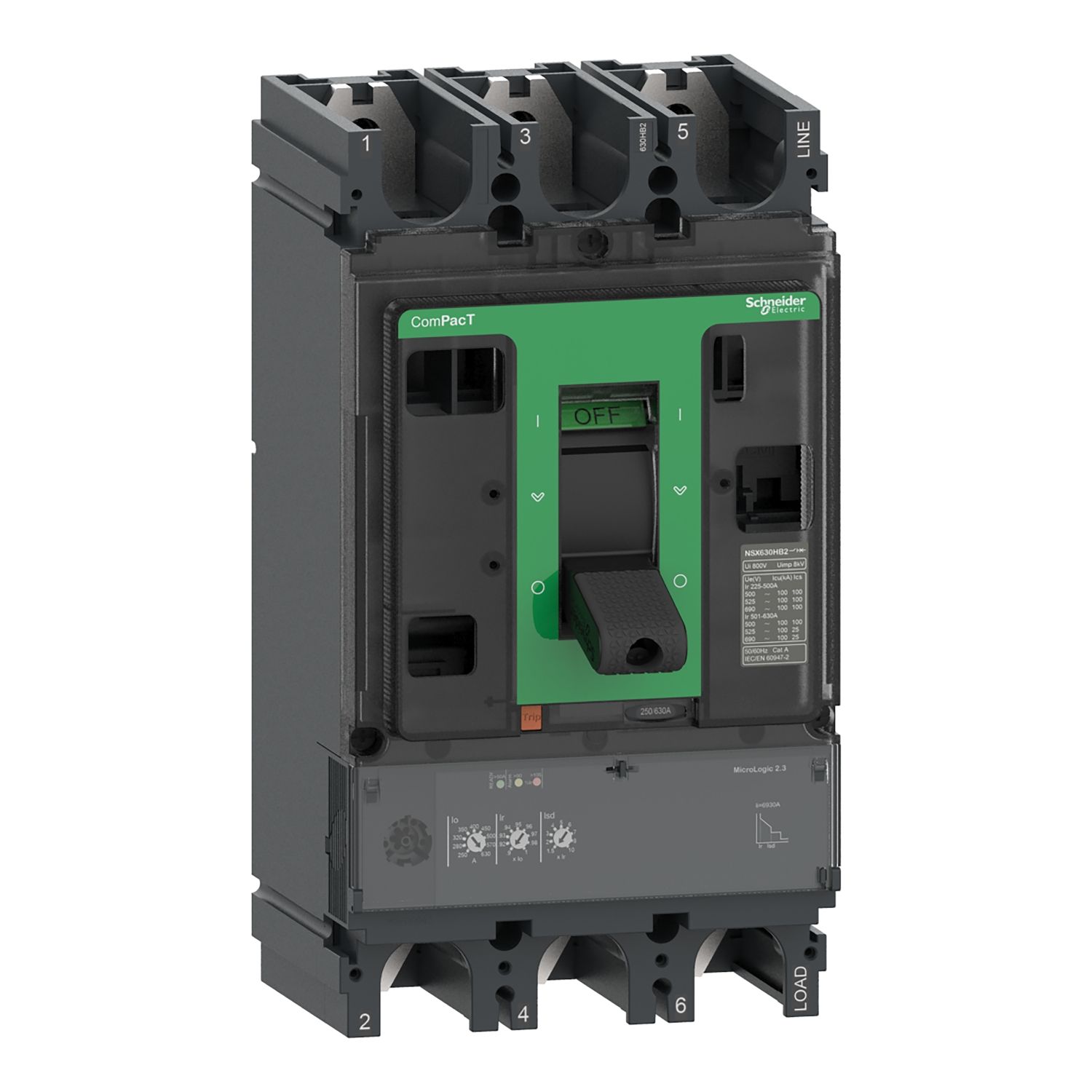Picture of Circuit breaker, ComPacT NSX630N, 50kA/415VAC, 3 poles, MicroLogic 2.3 trip unit 630A