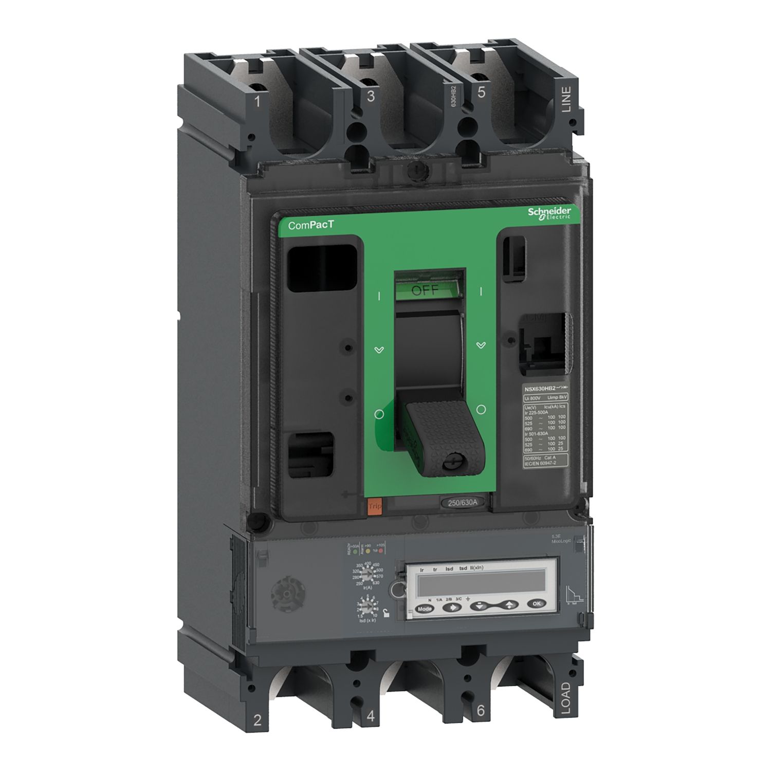 Picture of Circuit breaker, ComPacT NSX400HB1, 75kA/690VAC, 3 poles, MicroLogic 5.3E trip unit 400A