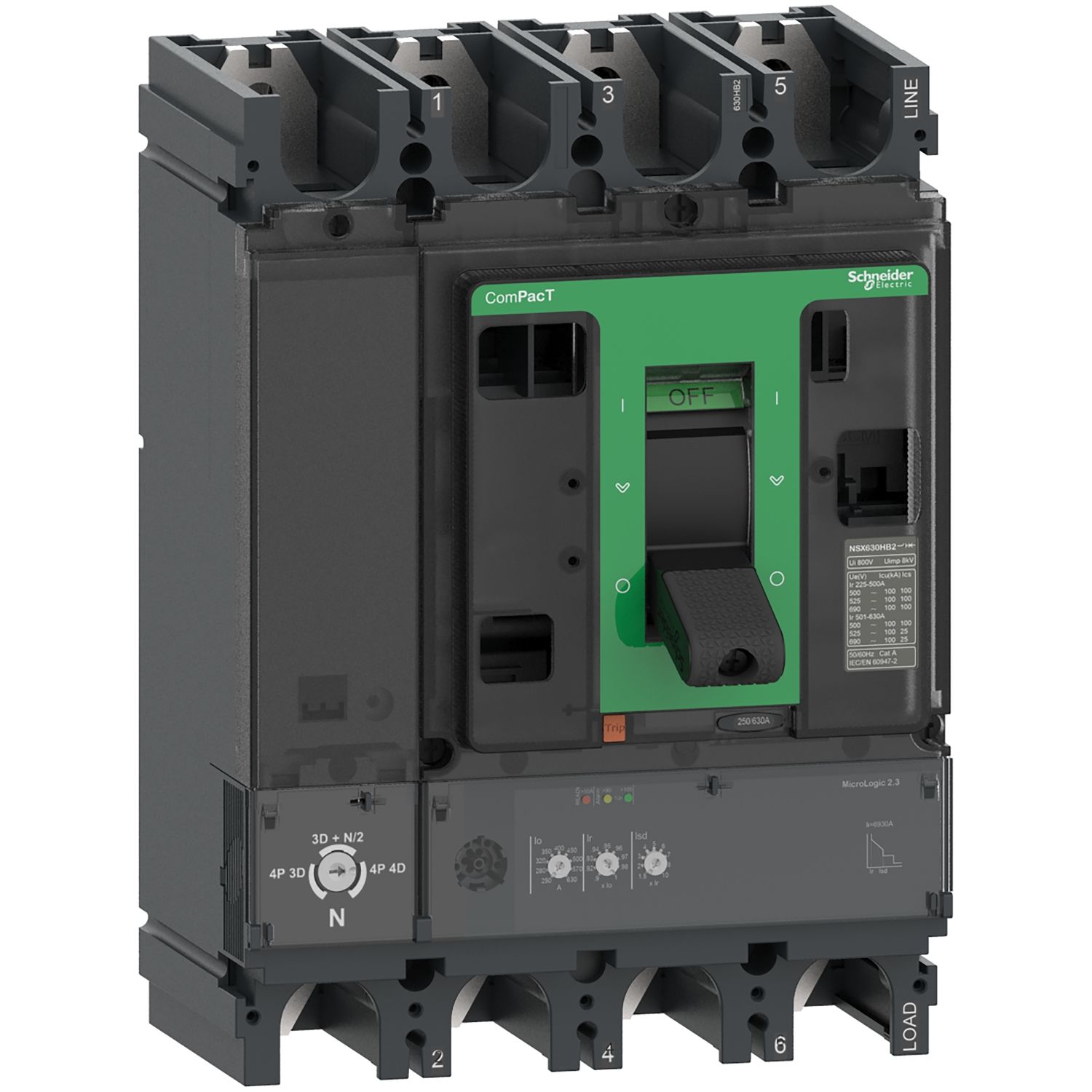 Picture of Circuit breaker, ComPacT NSX400HB1, 75kA/690VAC, 4 poles, MicroLogic 2.3 trip unit 250A