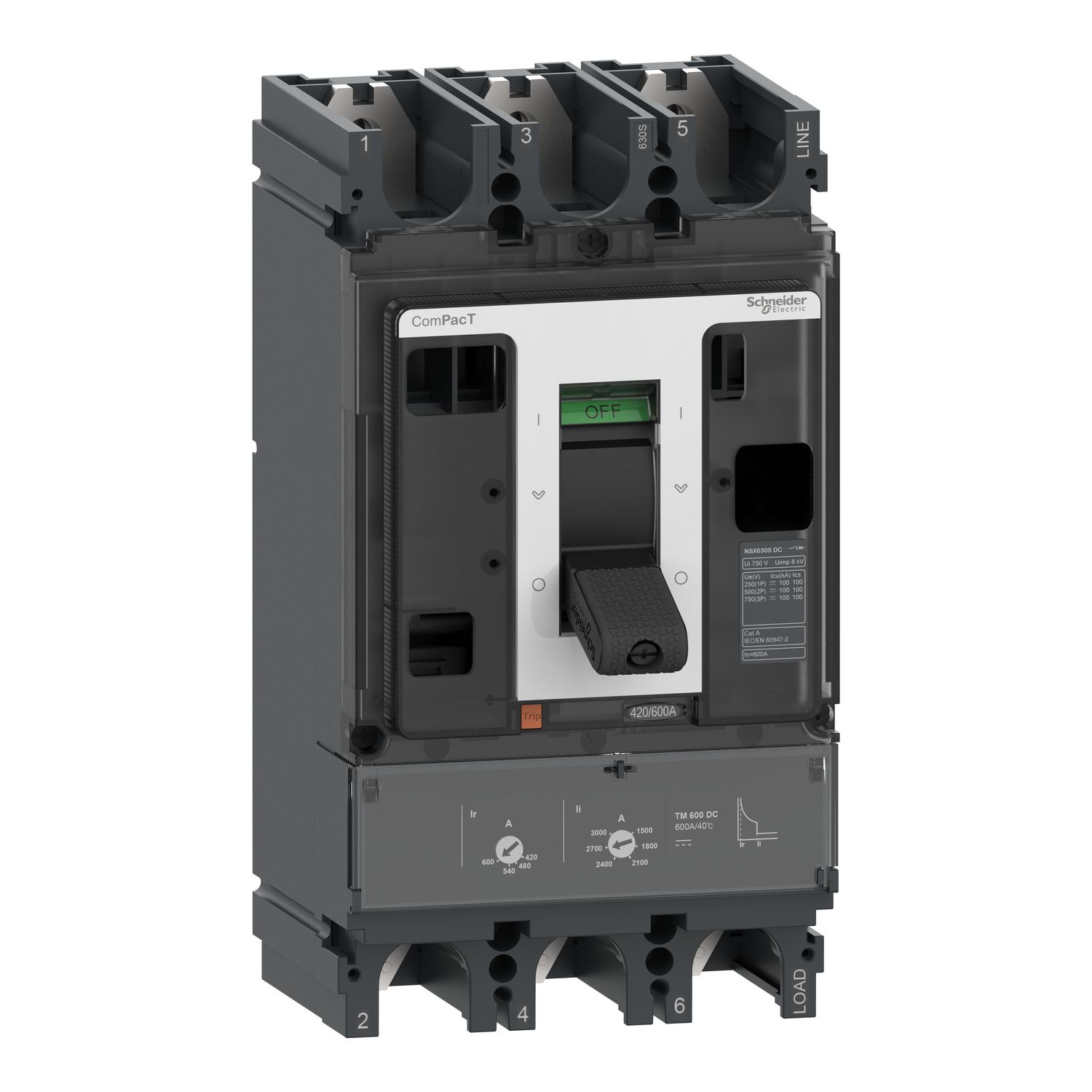 Picture of Circuit breaker, ComPacT NSX630S DC, 100kA/750VDC, 3 poles, TM-DC trip unit 500A