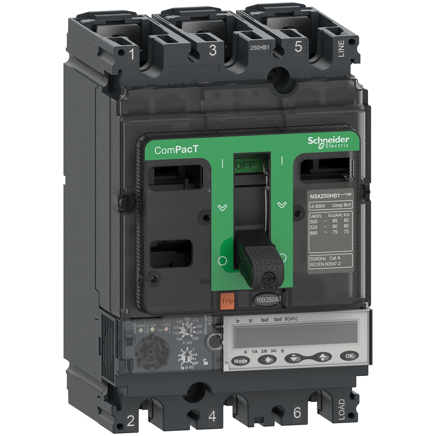 Picture of Circuit breaker, ComPacT NSX100HB2, 100kA/690VAC, 4 poles, MicroLogic 6.2E trip unit 100A