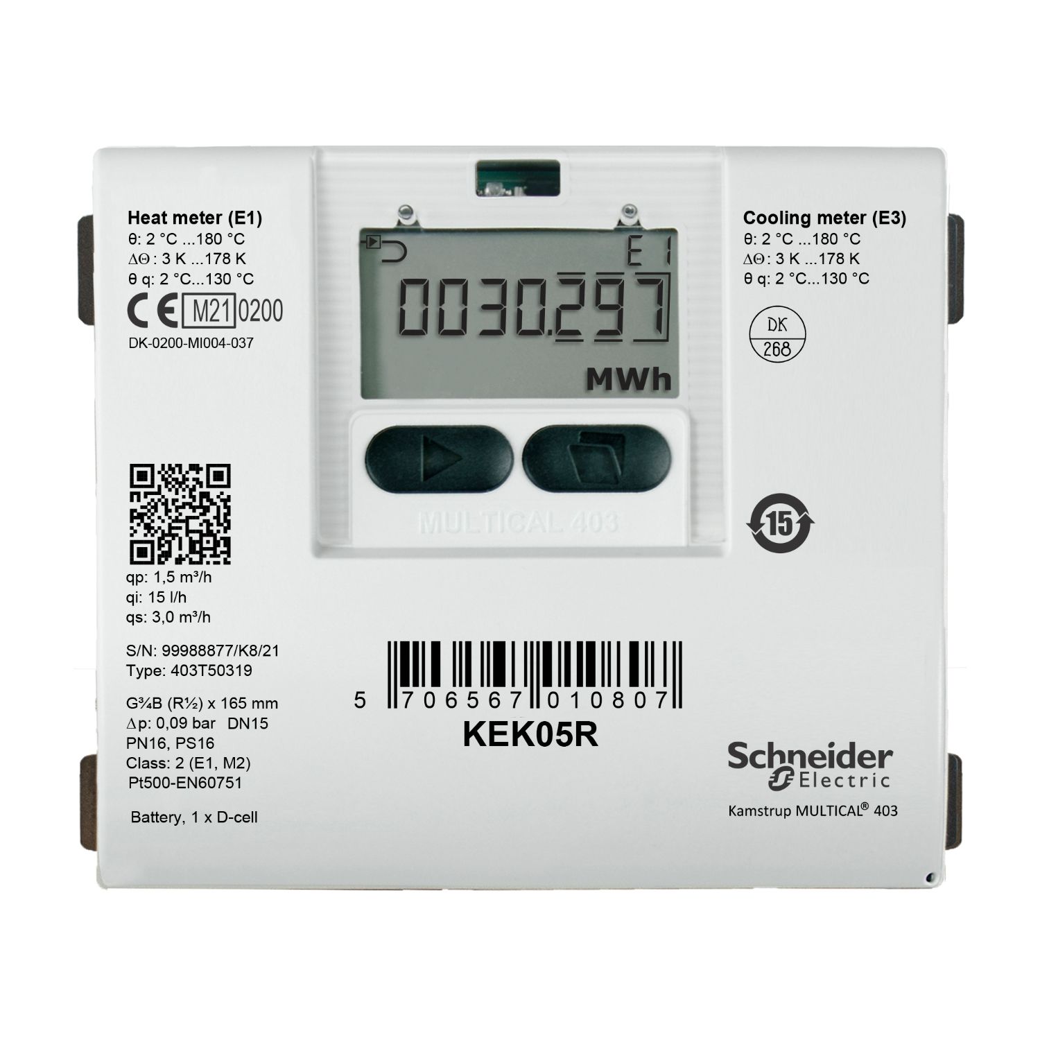 Picture of KE Series Heating And Cooling Meter, R¾ Threaded Brass, 2.5 m³/h Nominal, Return