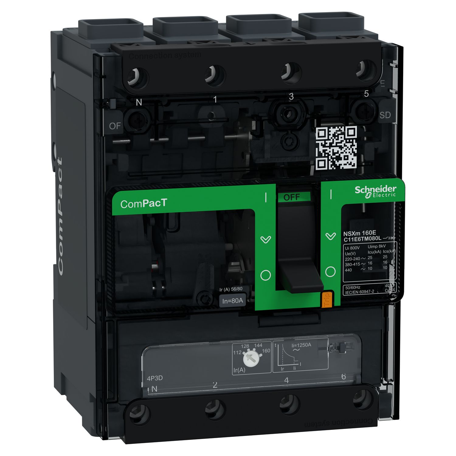 Picture of Circuit breaker, ComPacT NSXm 160E, 16kA/415VAC, 4 poles 3D (neutral not protected), TMD trip unit 80A, EverLink lugs