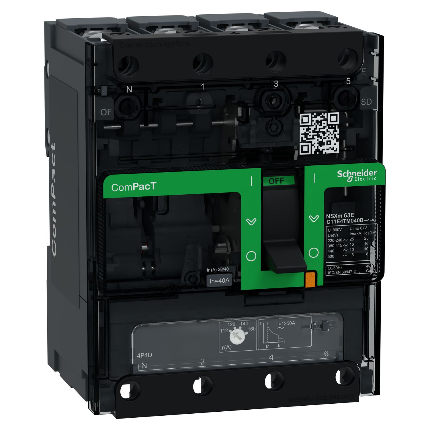 Picture of Circuit breaker, ComPacT NSXm 63E, 16kA/415VAC, 4 poles 4D (neutral fully protected), TMD trip unit 40A, lugs/busbars