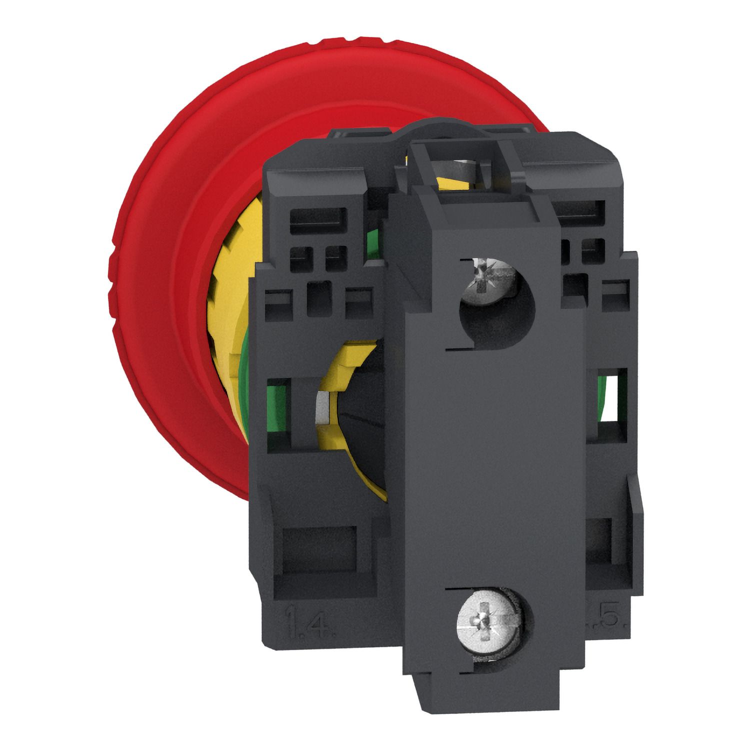 Picture of Emergency stop switching off, Harmony XB5, plastic, red mushroom 40mm, 22mm, trigger latching turn to release, 1NC with monitoring