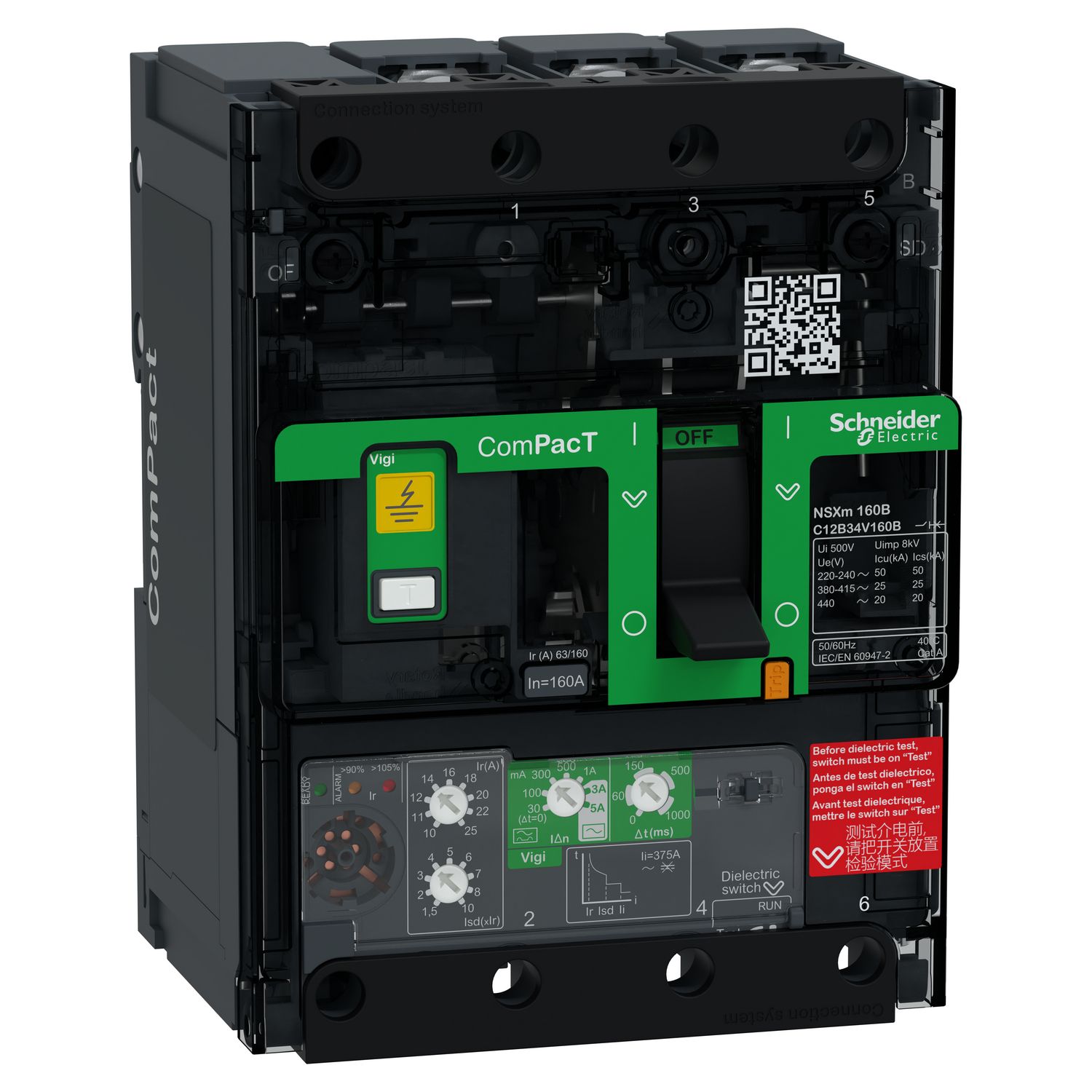 Picture of Circuit breaker, ComPacT NSXm 160B, 25kA/415VAC, 3 poles, MicroLogic 4.1 trip unit 160A, lugs/busbars