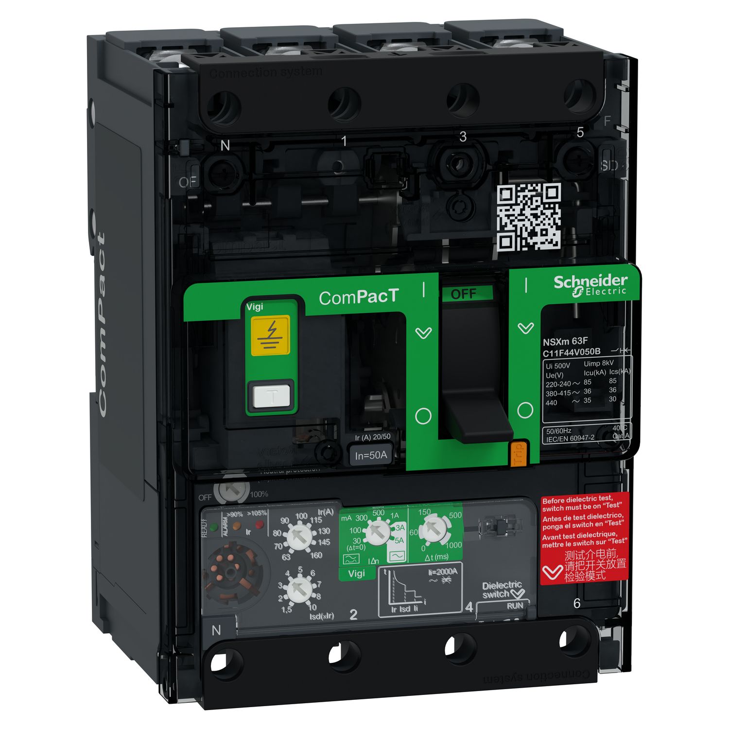Picture of Circuit breaker, ComPacT NSXm 63F, 36kA/415VAC, 4 poles, MicroLogic 4.1 trip unit 50A, lugs/busbars
