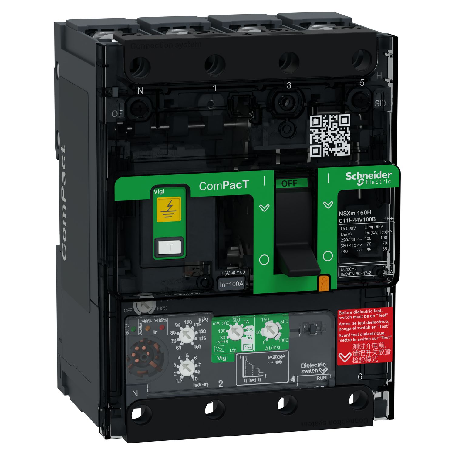 Picture of Circuit breaker, ComPacT NSXm 160H, 70kA/415VAC, 4 poles, MicroLogic 4.1 trip unit 100A, lugs/busbars