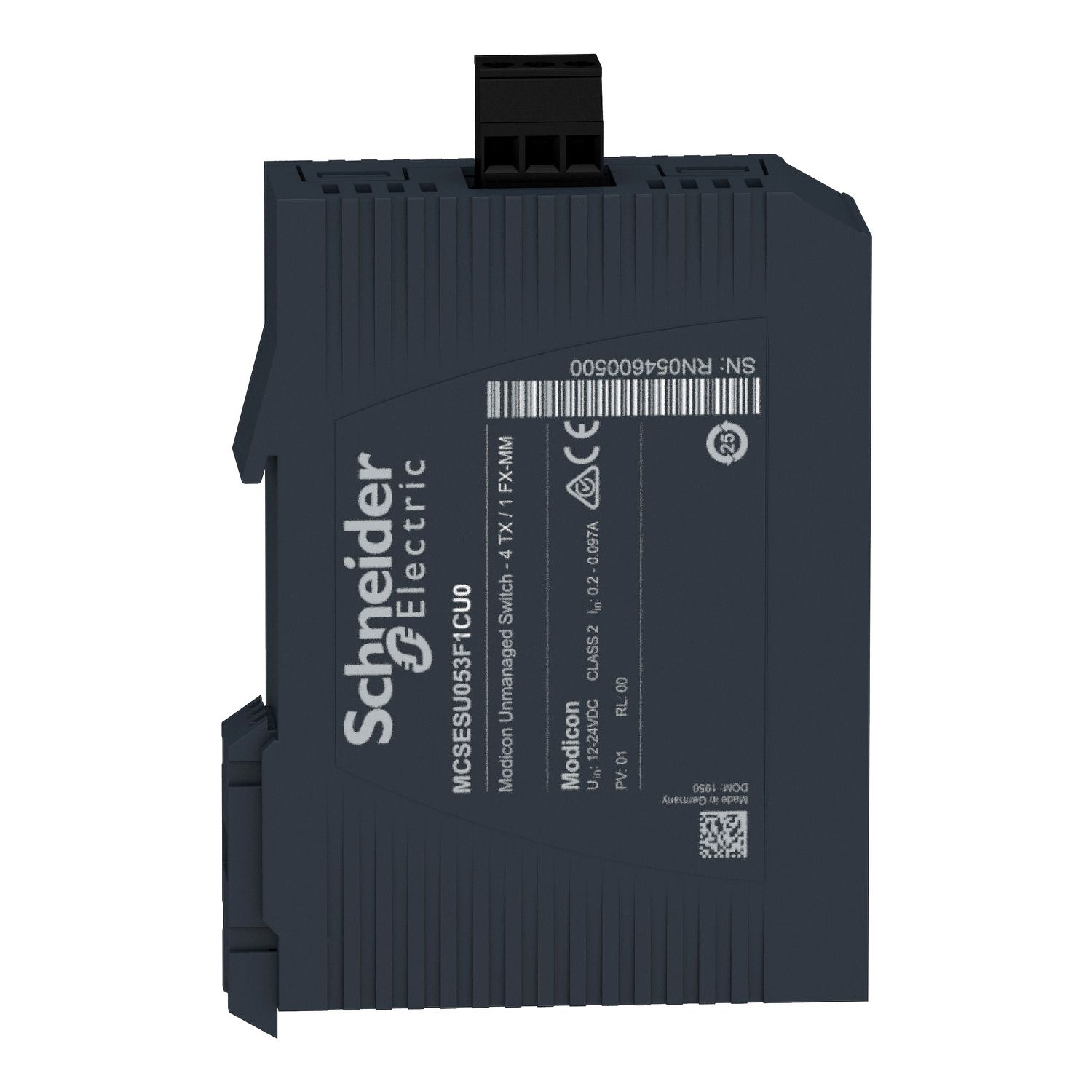 Picture of network switch, Modicon networking, standard unmanaged, 4 ports for copper with 1 port for multimode fiber optic