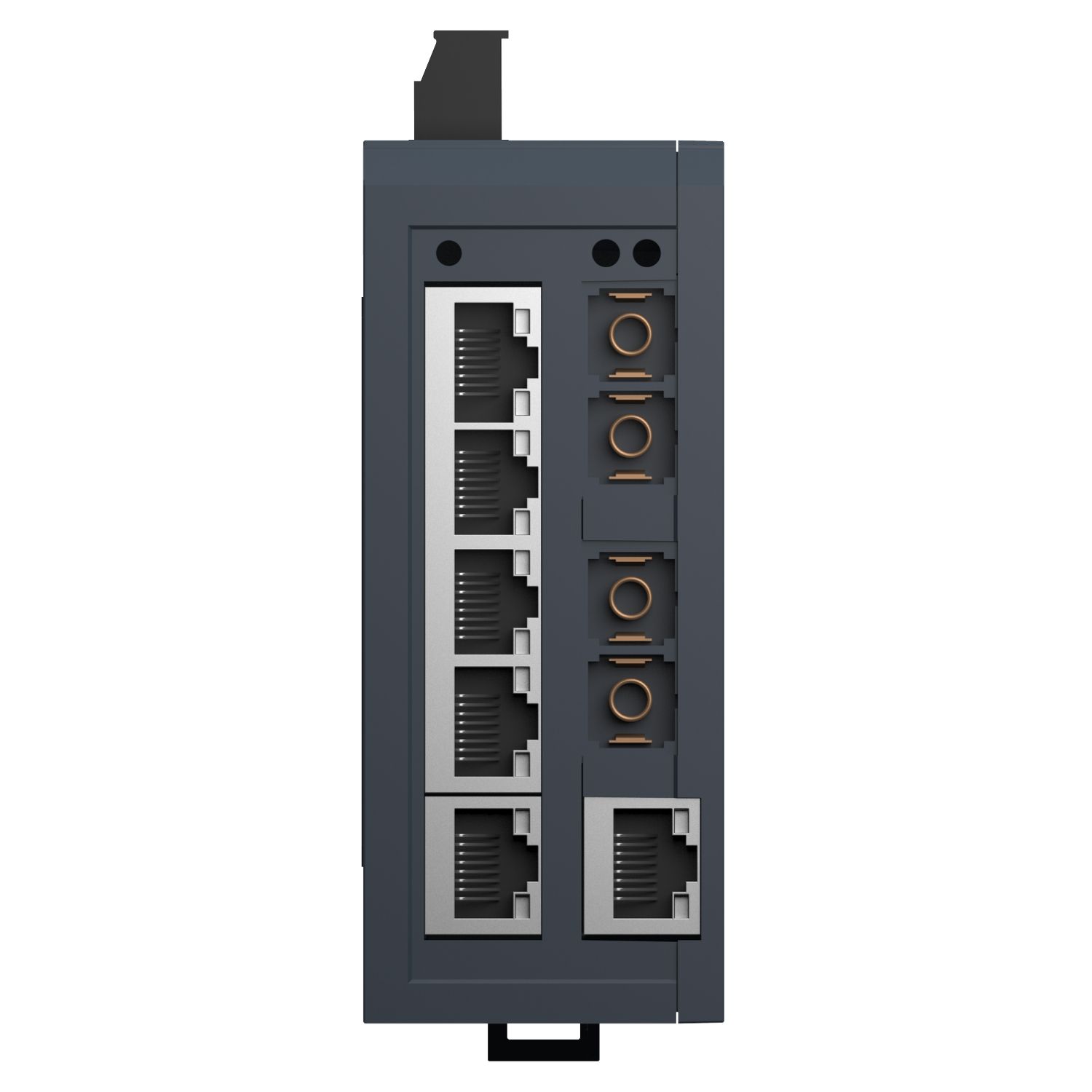 Picture of network switch, Modicon Networking, standard unmanaged, 6 ports for copper with 2 ports for singlemode fiber optic