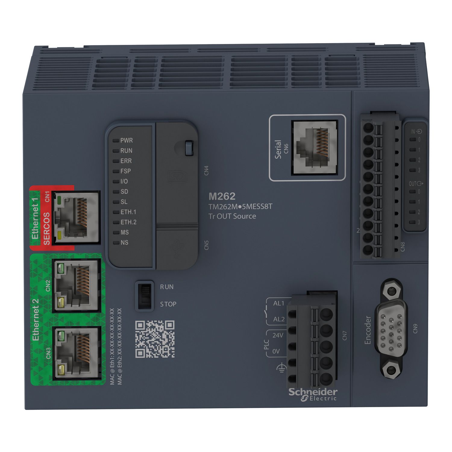 Picture of motion controller, Modicon M262, 5ns per instruction, 4 axes, optimized Ethernet, Sercos, machine to plant