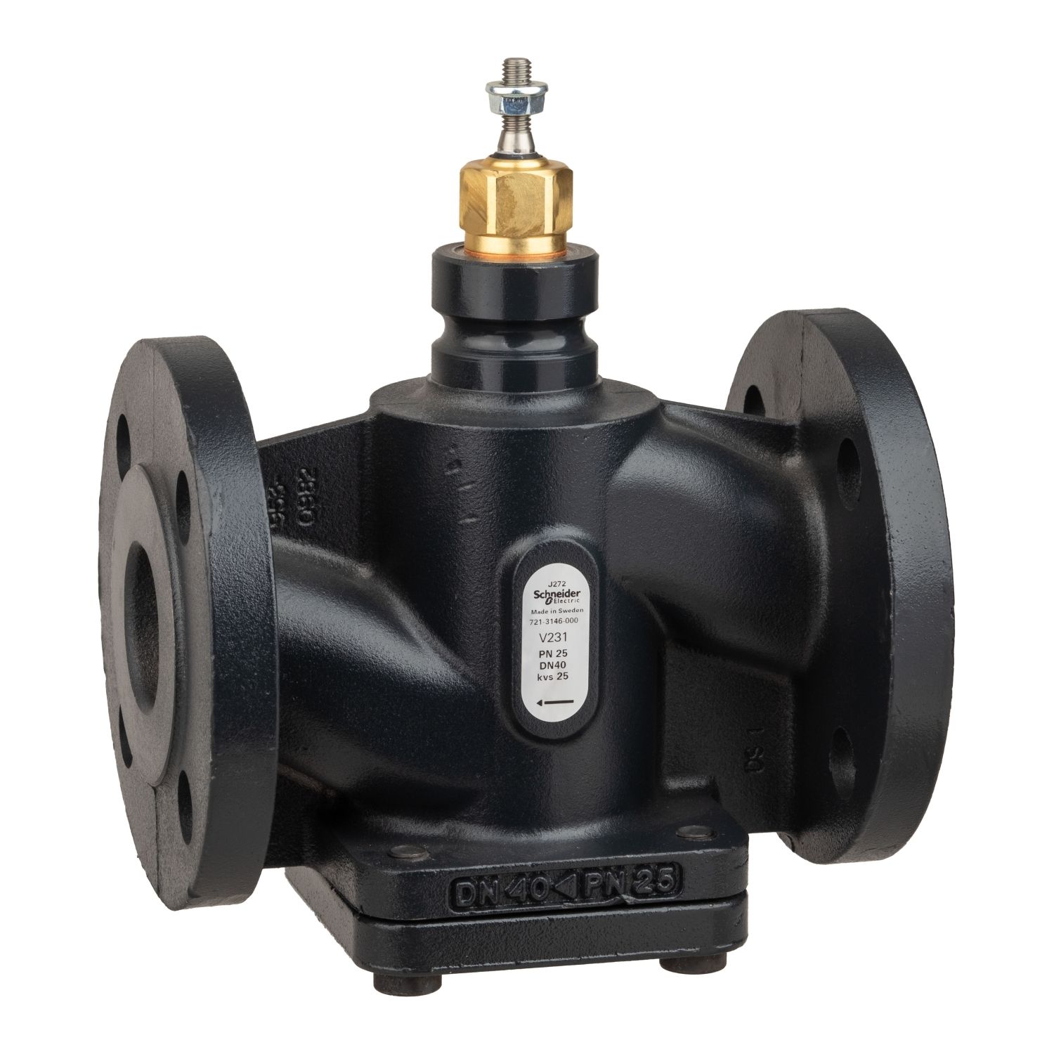 Picture of Venta V231 Globe Valve, 2-Way, PN25, Flanged, DN40, Kvs 25, Nodular Iron, Stainless Plug and Seat, Stem Up Closed.