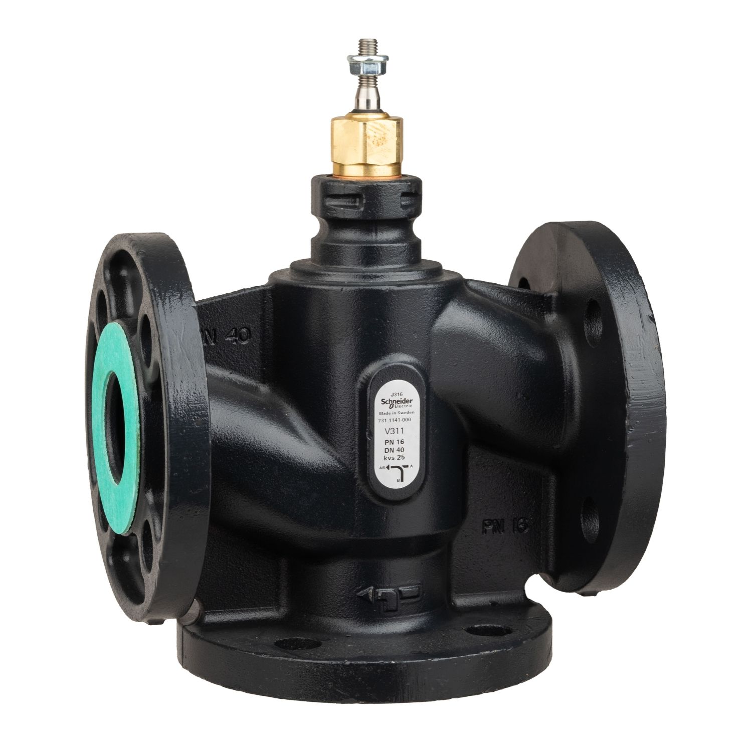 Picture of Venta V311 Globe Valve, 3-Way, PN16, Flanged, DN40, 25 Kvs, Nodular Iron Body & Seat, Brass plug.