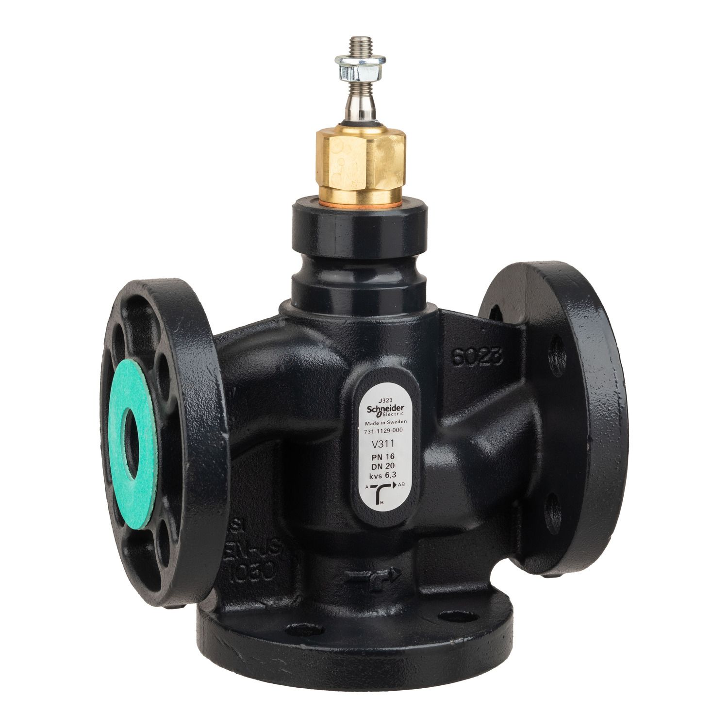 Picture of Venta V311 Globe Valve, 3-Way, PN16, Flanged, DN20, 6.3 Kvs, Nodular Iron Body & Seat, Brass plug.