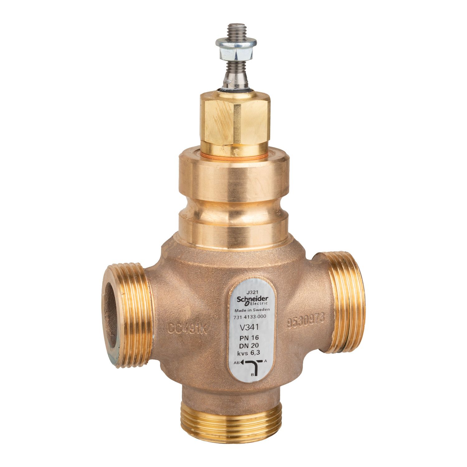 Picture of Venta V341 Globe Valve, 3-Way, PN16, G 1-1/4 External Thread, DN20, Kvs 6.3, Bronze Body, Stainless Steel Trim.