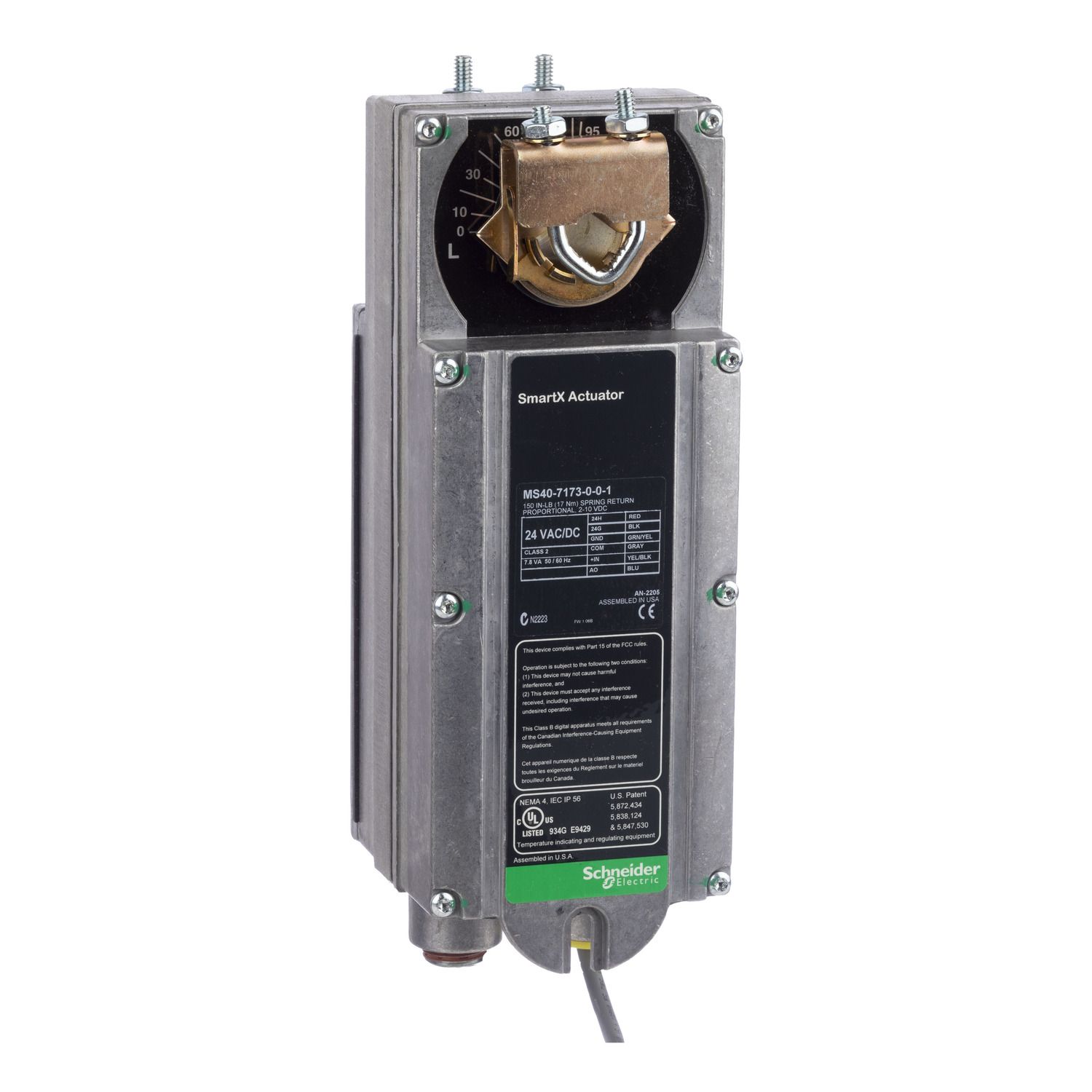 Picture of SmartX, Damper Actuator, proportional 2-10 Vdc, spring return, 24 Vac/Vdc, 3 ft appliance cable, 150 lb-in, NEMA 1 or 4