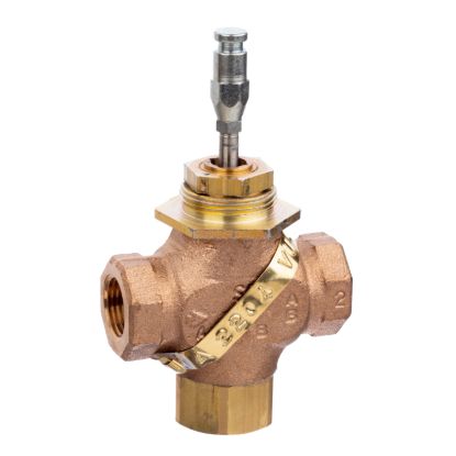 Picture of Venta, Globe Valve, 1/2 in, 3-way mixing, straight threaded NPT, stem up closes port A, brass trim, 4.4 Cv