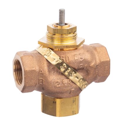Picture of Venta, Globe Valve, 3/4 in, 3-way mixing, straight threaded NPT, stem up closes port A, brass trim, 7.5 Cv