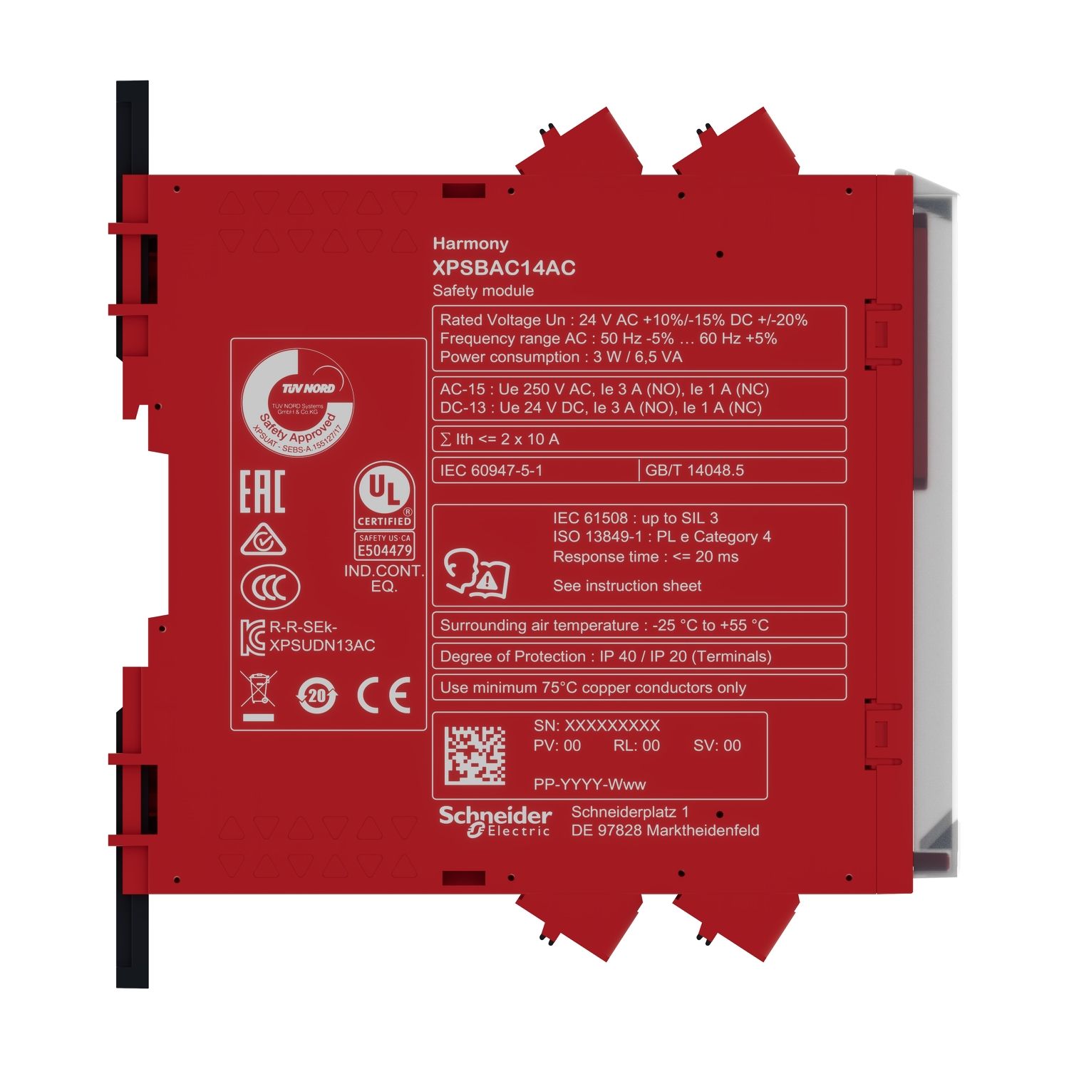 Picture of safety module, Harmony XPS, estop or guard, connected to supply terminals 24V AC or DC , no inputs, spring