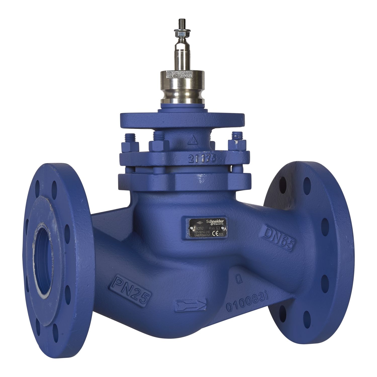 Picture of V292 Globe Valve, 2-Way, PN25, Flanged, DN65, 63 Kvs, Nodular Iron Body Stainless Steel seat and Plug, Stem Down Closed.