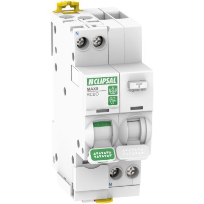 Picture of Residual Current Breaker with Overcurrent Protection (RCBO), MAX9, 1PN, 20A, 30mA, C Curve, 6000A, A Type, 2 MOD