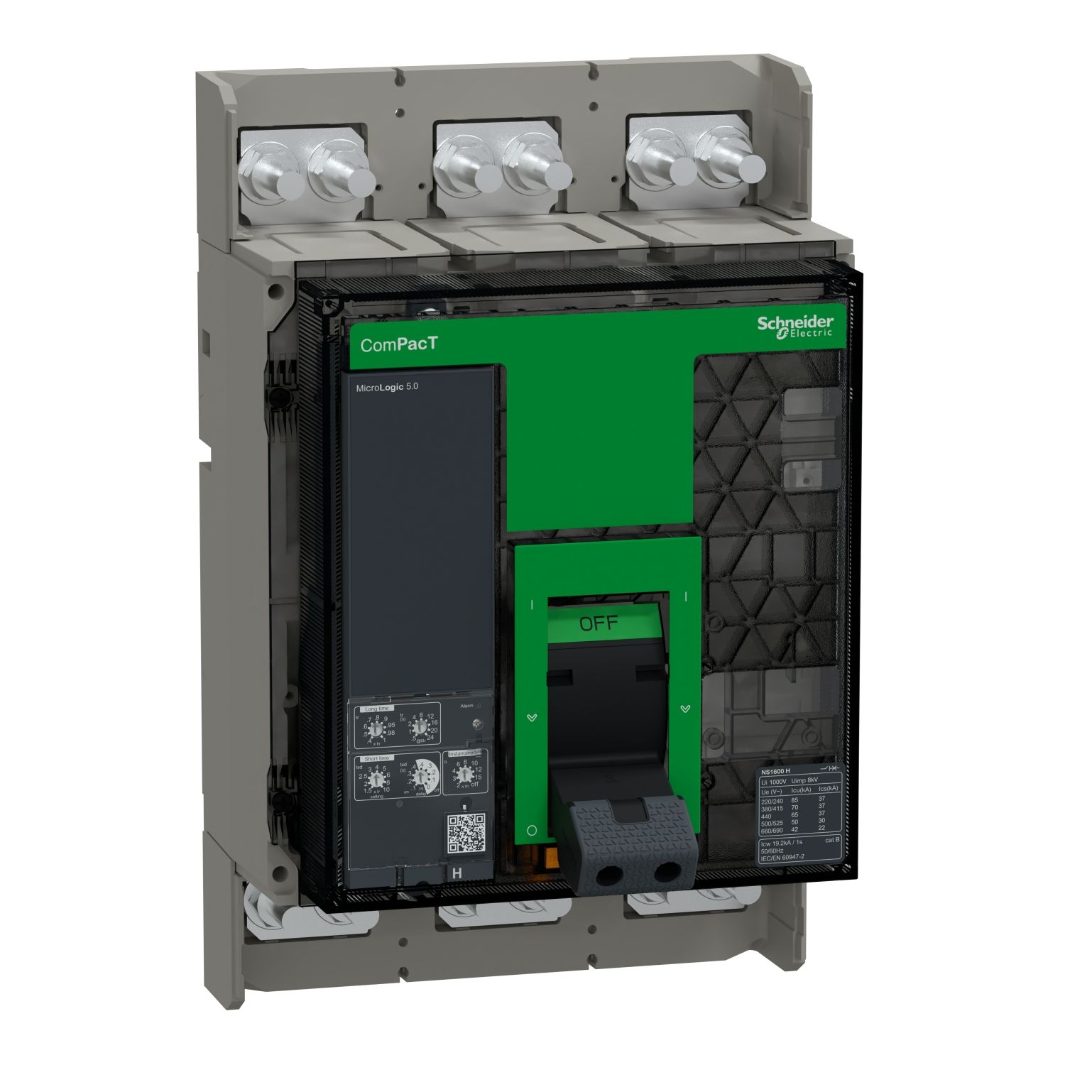 Picture of Circuit breaker, ComPacT NS1600H, 70kA at 415VAC, 3P, fixed, manually operated, MicroLogic 5.0 control unit, 1600A