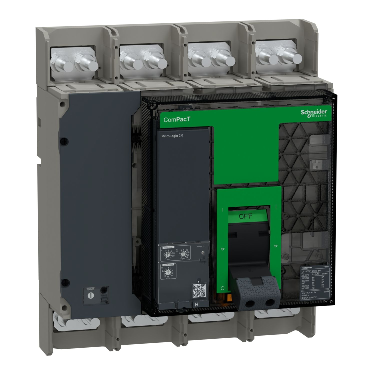 Picture of Circuit breaker, ComPacT NS1600H, 70kA at 415VAC, 4P, fixed, manually operated, MicroLogic 2.0 control unit, 1600A