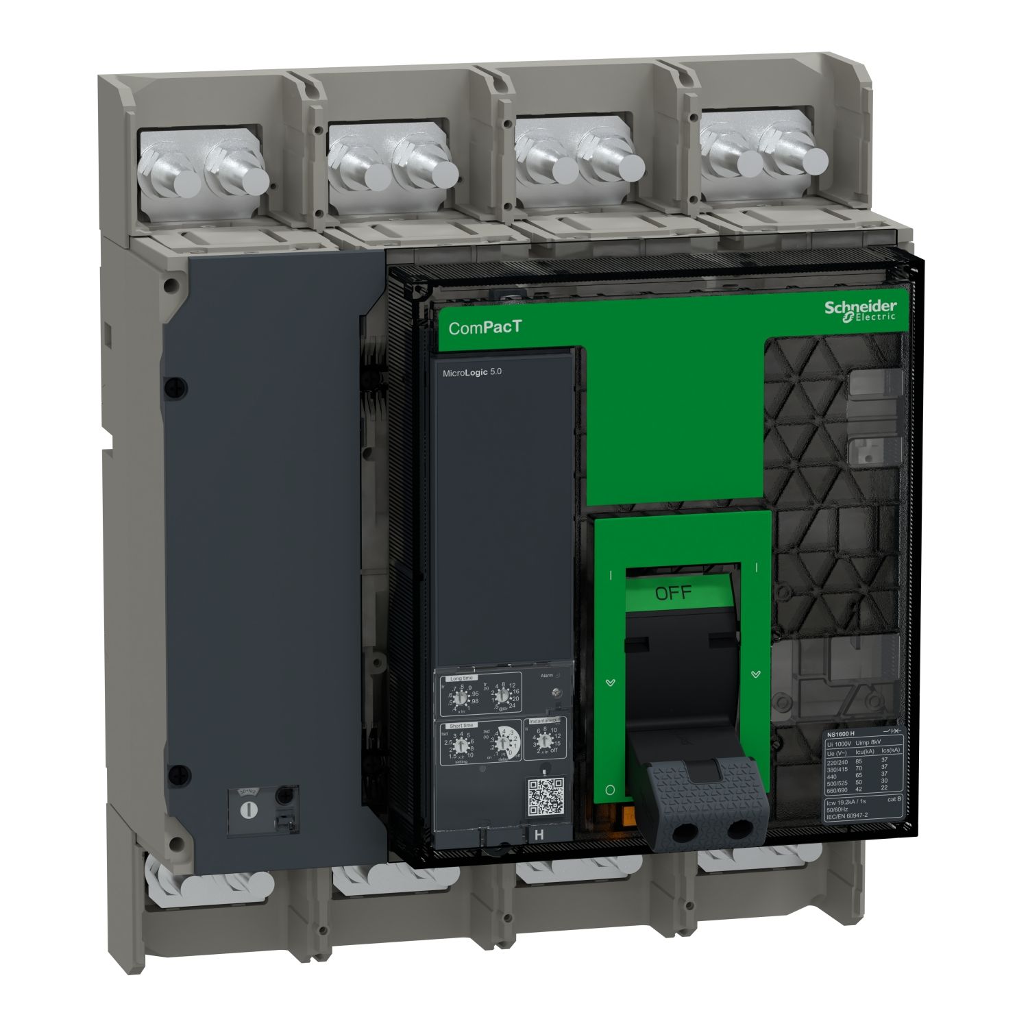 Picture of Circuit breaker, ComPacT NS1600H, 70kA at 415VAC, 4P, fixed, manually operated, MicroLogic 5.0 control unit, 1600A